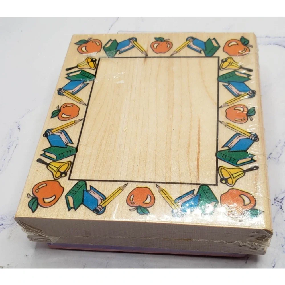 School Theme Frame Pencils Books and Apples Inkadinkadoo Mounted Rubber Stamp